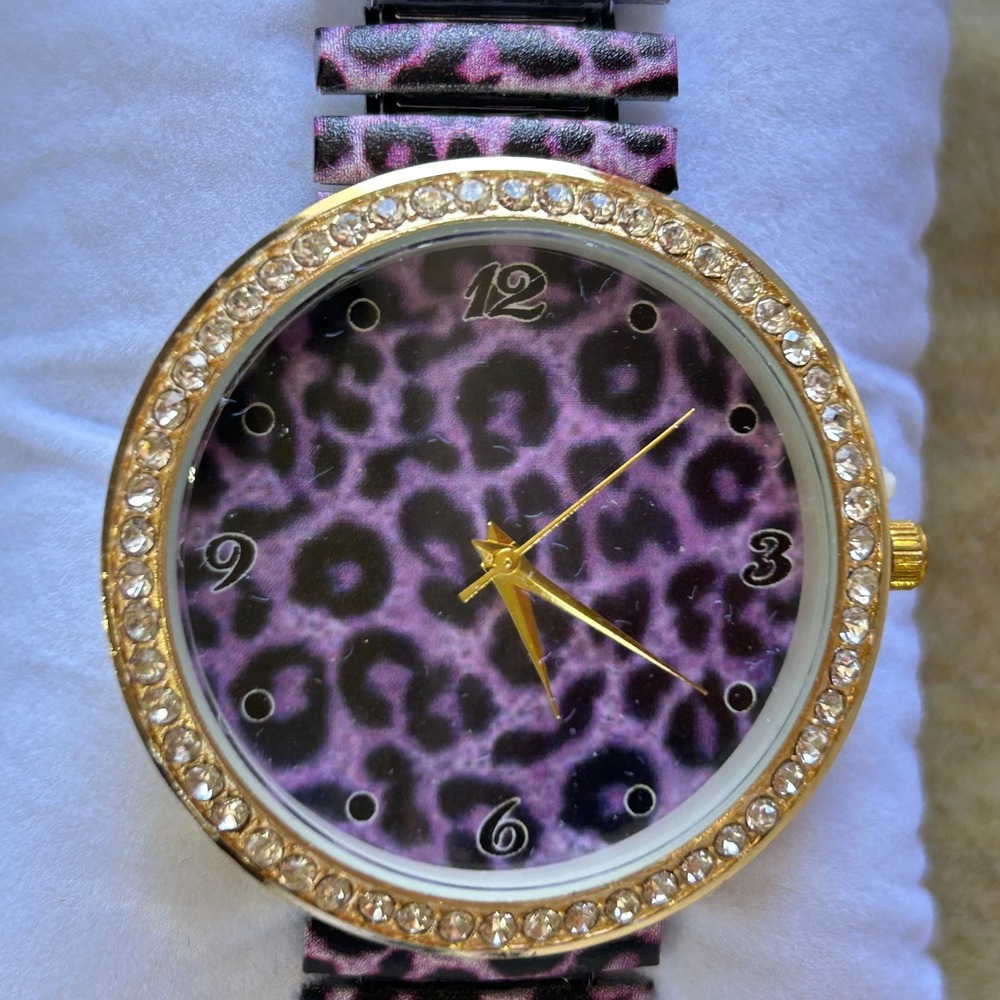 Strada Genoa Purple Leopard Print Watch Gold Tone Crystal Bezel Y2K Glam